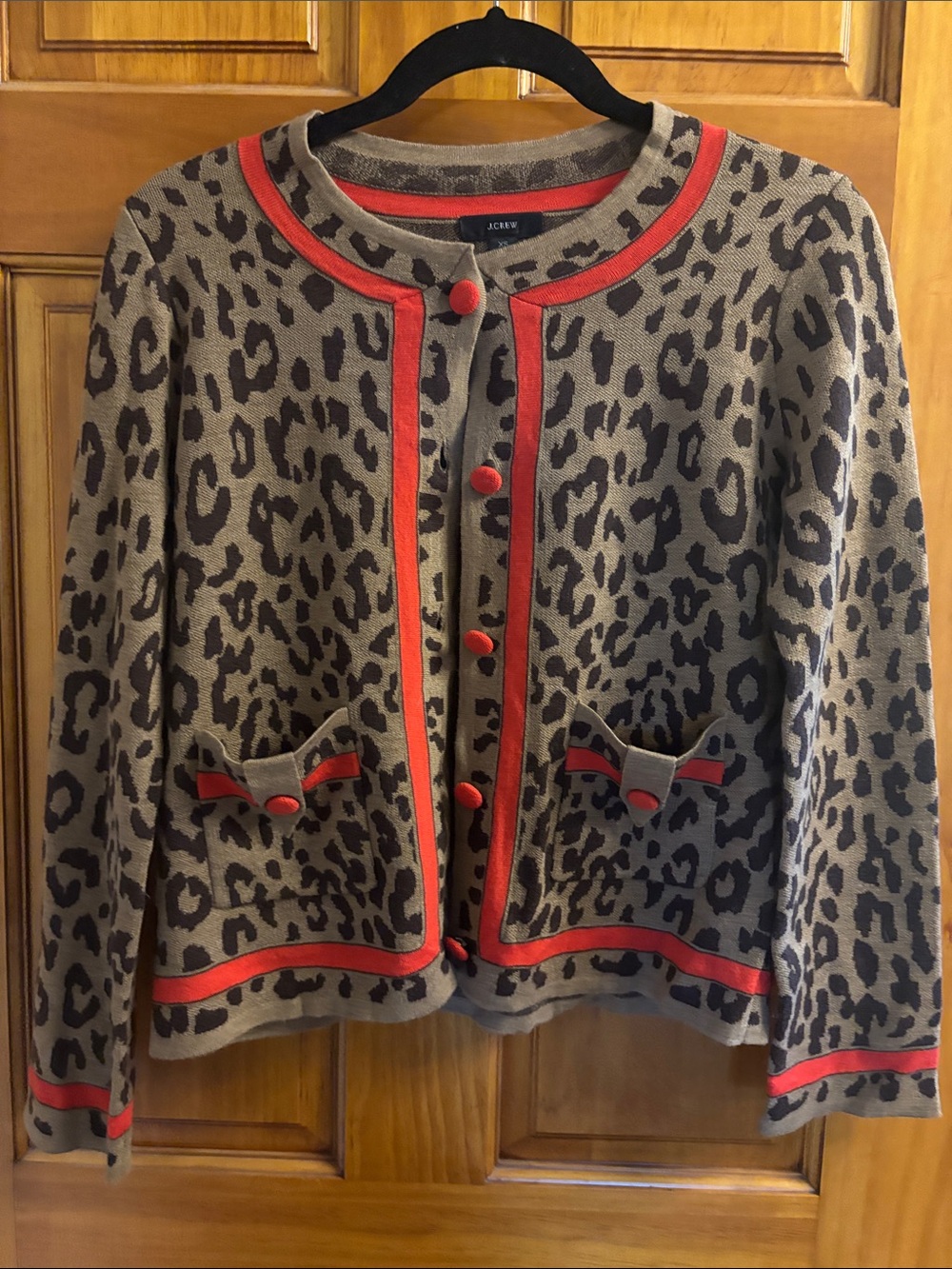 J. Crew Leopard Print Cardigan Jacket with Red Trim